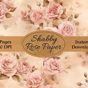 Papel rosa desgastado - Páginas de diario con rosas - Papel digital sin costuras - Efímeras de flores rosas, álbumes de recortes, decoupage, diario floral