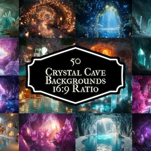 May include: 50 Crystal Cave Backgrounds in 16:9 ratio. The images feature various crystal caves with glowing lights, waterfalls, and pools of water.