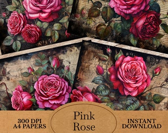 Pink Rose Junk Journal Pages - Rose Double Printable Junk Journal Pages - Pink Rose Flower Ephemera for Junk Journal Scrap Booking