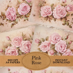 Pink Rose Junk Journal Pages - 8 Rose Double Printable Junk Journal Pages - Pink Rose Flower Ephemera for Junk Journal Scrap Booking