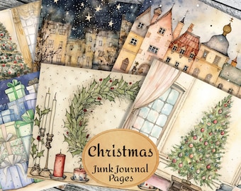 Könnte beinhalten: Ein Satz von sechs digitalen druckbaren Seiten mit Aquarell-Illustrationen von Weihnachtsszenen. Die Seiten beinhalten einen Weihnachtsbaum, Geschenke, Kerzen, einen Kranz, ein Fenster mit Vorhängen und eine Stadtlandschaft. Der Text "Christmas Junk Journal Pages" ist auf einer der Seiten enthalten.