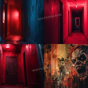 a series of three images of a creepy hallway