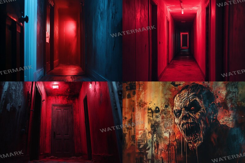 a series of three images of a creepy hallway