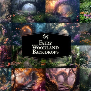 May include: A collection of 65 digital backgrounds featuring whimsical fairy woodland scenes. Each backdrop depicts a magical forest path with lush greenery, vibrant flowers, and enchanting archways leading to a mysterious destination.