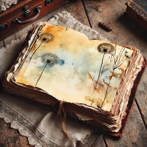 Könnte beinhalten: Ein offenes, antikes Buch mit gealterten, strukturierten Seiten. Aquarellkunst von Löwenzahn und Gräsern ziert die Seiten, mit einer Palette aus Gelb, Blau und Braun. Das Buch liegt auf einem Leinentuch, mit einem hölzernen Hintergrund.