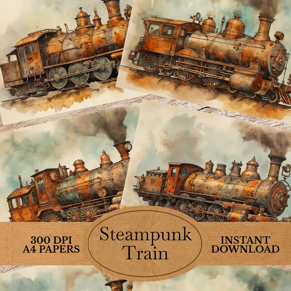 Steampunk Train - Vintage Industrial Junk Journal Pages, Steampunk Double Pages, Steampunk Junk Journal, Printable Junk Journal Kit