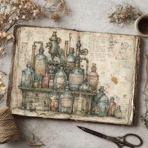 May include: An open book featuring a detailed watercolour illustration of an alchemist's laboratory with various glass bottles, beakers, and complex scientific apparatus arranged on a wooden shelf, accompanied by handwritten notes and technical sketches.