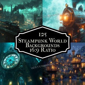 Puede incluir: Una colección de 125 fondos digitales de estilo steampunk. Los fondos presentan una variedad de escenas, incluyendo una torre del reloj, un tren y una ciudad. Los fondos están en una proporción de 16:9.