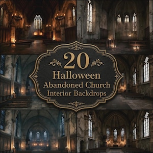 Può includere: Una collezione di 20 sfondi digitali che mostrano gli interni di chiese abbandonate. La targa centrale nera con bordi dorati decorati mostra il testo 20 Halloween Abandoned Church Interior Backdrops in un carattere serif.
