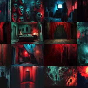 a collage of images of a creepy house