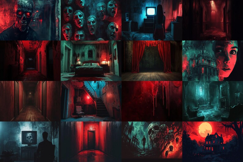 a collage of images of a creepy house