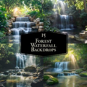 Könnte beinhalten: Eine Collage aus 15 digitalen Hintergründen mit üppigen grünen Wäldern und Wasserfällen. Die Hintergründe sind ideal für Fotografen und Grafikdesigner, die atemberaubende Naturszenen erstellen möchten.