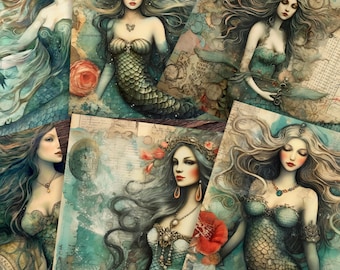 Può includere: Un set di sei stampe d'arte digitale che raffigurano sirene con capelli lunghi e fluenti e squame intricate. Le stampe sono in stile acquerello con una gamma di colori blu e verde. Le stampe sono perfette per aggiungere un tocco di fantasia e magia a qualsiasi stanza.
