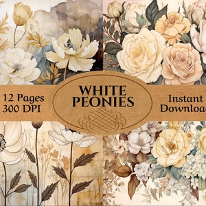 Junk Journal - White Peonies Junk Journal Pages- 12 Double Printable Junk Journal Pages - Peony Ephemera for Junk Journal Scrap Booking