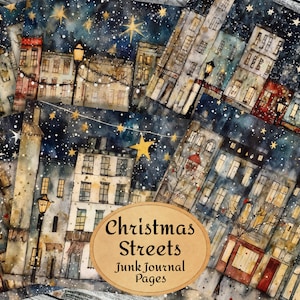 Kerststraten - 12 pagina's - Junk Journal Kit, Feestelijk dagboek, Vintage, Efemere kerstdagen, Kerstmis, december, rood, groen