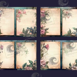 May include: Set of six printable journal pages with floral designs and lined paper. The pages feature watercolor illustrations of flowers, leaves, and vines in shades of pink, blue, and green. The pages are perfect for journaling, scrapbooking, or other creative projects.