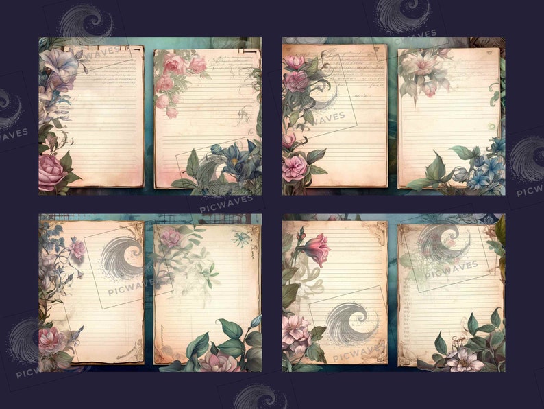May include: Set of six printable journal pages with floral designs and lined paper. The pages feature watercolor illustrations of flowers, leaves, and vines in shades of pink, blue, and green. The pages are perfect for journaling, scrapbooking, or other creative projects.