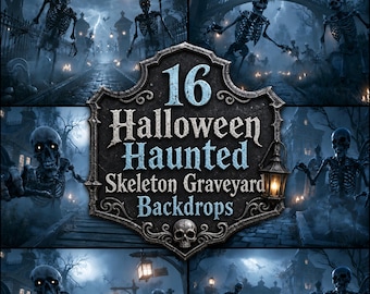 Halloween Skeleton Graveyard Digital Backdrops, Haunted Cemetery Photography Backgrounds, Spooky Night Tombstone Composite JPGs