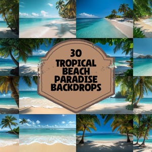 Puede incluir: Un collage de 30 fondos de pantalla de paraíso de playa tropical con imágenes de playas de arena blanca, agua turquesa, palmeras y cielos azules.