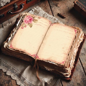 May include: An open, antique-style journal with lined pages. The cover is brown, and the pages have a vintage, aged appearance. A pink rose and floral design adorns the upper left corner of the open pages. A leather bookmark is visible.