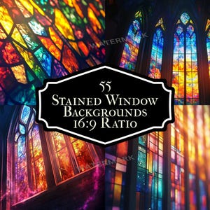May include: A collection of 55 stained glass window backgrounds in a 16:9 ratio. The backgrounds feature vibrant colors and intricate designs, perfect for adding a touch of elegance and beauty to any project.