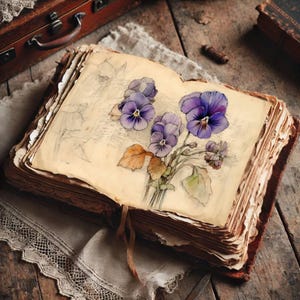 May include: An open antique book with aged, yellowed pages. A watercolour illustration of purple pansies with yellow centres and orange leaves adorns the right page. The book is bound in brown leather and rests on a lace-trimmed cloth.