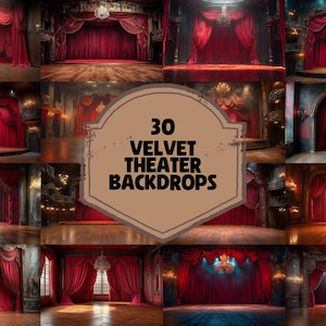Puede incluir: Un collage de 30 fondos de pantalla digitales con cortinas de terciopelo rojo de teatro en diferentes escenarios. Los fondos de pantalla son ideales para fotógrafos y diseñadores gráficos.