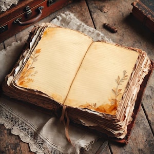 Könnte beinhalten: Ein offenes, antikes Notizbuch mit gealterten, linierten Seiten. Die Seiten haben dekorative florale Akzente und einen braunen Ledereinband. Ein braunes Leseband ist sichtbar. Das Notizbuch liegt auf einem strukturierten, neutralfarbenen Tuch.