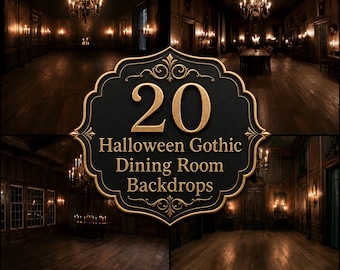 Gothic Dining Room Photography Backdrops, Haunted Mansion Digital Backgrounds, Spooky Halloween Castle, Dark Wood Paneled Hall
