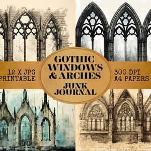 Junk Journal - Gothic Windows & Arches - 12 Gothic Printable Double Pages - Windows, Stained Glass Arches Ephemera, Scrap Booking