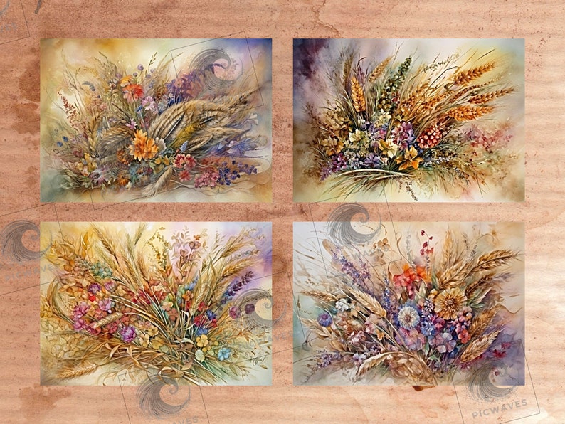 Wildflowers &amp; Wheat Junk Journal Pages, Vintage Wild Flower Wheat ...