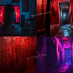 a woman standing in a dark hallway with red and purple lights