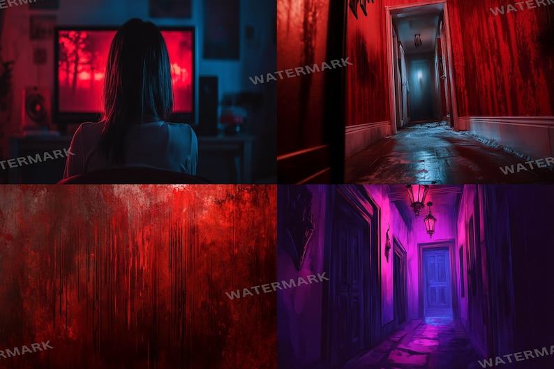 a woman standing in a dark hallway with red and purple lights