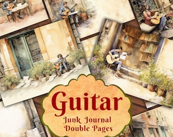 May include: A set of six double-page spreads for a junk journal featuring watercolor illustrations of people playing guitars in a variety of settings. The title "Guitar Junk Journal Double Pages" is displayed in a vintage-style font.