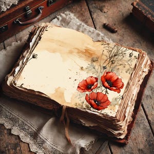 Könnte beinhalten: Ein offenes Buch im antiken Stil mit gealterten, cremefarbenen Seiten. Die rechte Seite zeigt eine Aquarellmalerei von drei leuchtend roten Mohnblumen mit schwarzen Zentren und grünem Laub. Das Buch ist in braunes Leder gebunden und liegt auf einer Holzoberfläche.