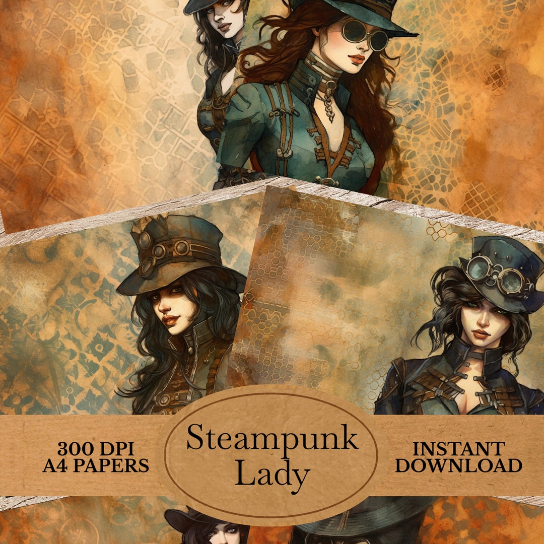 Steampunk Lady Vintage Industrial Junk Journal Pages, Steampunk Double ...
