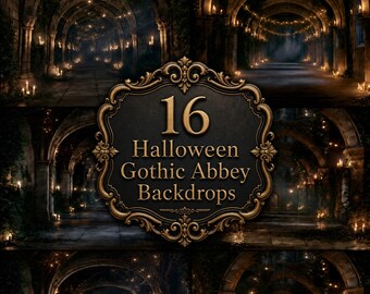 Gothic Abbey Digital Backdrops, Halloween Photography Backdrop, Moody Stone Archway with Candles and Fairy Lights
