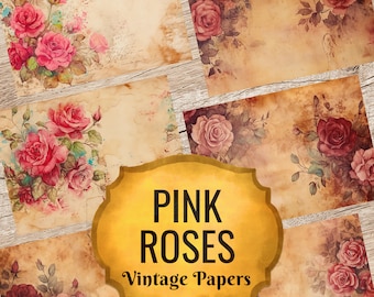 Pink Rose Papers - Junk Journal Papers, Vintage Floral Journal Pages, Pink Rose Ephemera, Floral Vintage Roses - Printable Pink Rose Journal