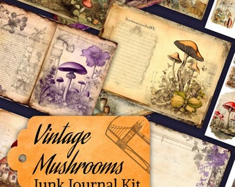 Mushroom Junk Journal Kit, Vintage Mushroom Journal Pages, Mushroom Printable Ephemera, Vintage Printable Journal