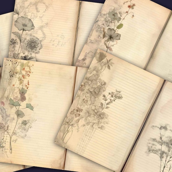 Floral Blank Lined Journal Pages - 20 Flower Junk Journal Pages - Digital Download - Lined Flower Pages, Ephemera Junk Journal Scrap Booking