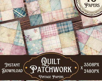 Quilt Patchwork Digital Papers - Vintage Quilt Designs with Sewing Patterns & Stitched Textures