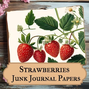 Papiers de journal indésirable aux fraises, kit de scrapbooking numérique vintage, imprimés éphémères de fruits, fournitures d'artisanat de baies d'été - carnets et cartes à faire soi-même