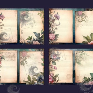 May include: Six printable journal pages with a vintage aesthetic. Each page features a floral border with pink and white flowers, green leaves, and a swirling design. The pages have lined paper with a faded background.
