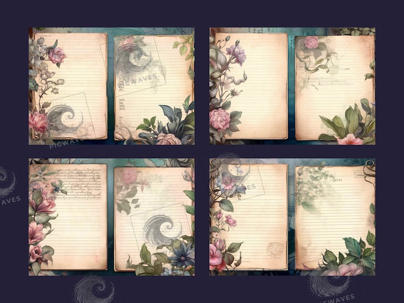 May include: Six printable journal pages with a vintage aesthetic. Each page features a floral border with pink and white flowers, green leaves, and a swirling design. The pages have lined paper with a faded background.