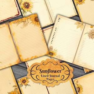Pagine di diario a righe vuote di girasole - Pagine di diario spazzatura di girasole - Pagine di fiori a righe, Scrapbooking di diario spazzatura di girasole Ephemera