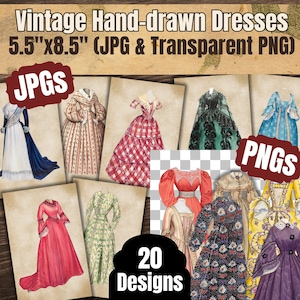 May include: A collection of 20 vintage hand-drawn dress designs, each on a 5.5" x 8.5" background. The dresses are in various styles and colors, including red, blue, green, and patterned designs. The image includes the text "Vintage Hand-drawn Dresses" and "20 Designs".