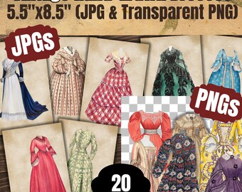 Ilustracje mody vintage | Papiery artystyczne do wykrojów sukienek (do pobrania w wersji cyfrowej)