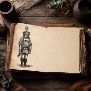 Puede incluir: Un libro antiguo abierto con páginas envejecidas de color beige. Una ilustración detallada en blanco y negro de un soldado cascanueces se encuentra en la página izquierda. El cascanueces lleva un sombrero alto y un uniforme. El libro está sobre una superficie de madera.