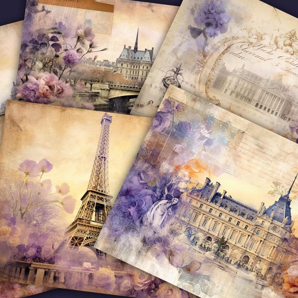 Floral Junk Journal Pages - 16 Floral Paris Double Pages - Printable Purple Rose Flower Travel Pages for Junk Journal Scrap Booking