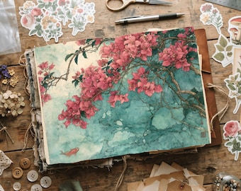 Gongbi Floral Painting Printable Digital Paper for Scrapbooking
